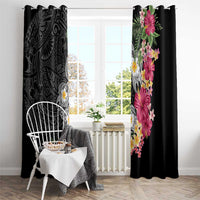 Hawaiian Tropical Flowers and Tribal Turtles Window Curtain Polynesian Art Motifs Black Color - Polynesian Pride