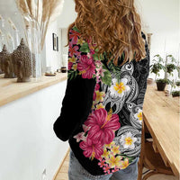 Hawaiian Tropical Flowers and Tribal Turtles Women Casual Shirt Polynesian Art Motifs Black Color - Polynesian Pride