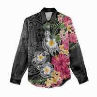 Hawaiian Tropical Flowers and Tribal Turtles Women Casual Shirt Polynesian Art Motifs Black Color - Polynesian Pride