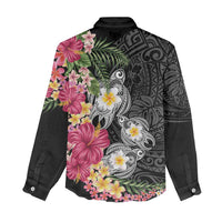Hawaiian Tropical Flowers and Tribal Turtles Women Casual Shirt Polynesian Art Motifs Black Color - Polynesian Pride