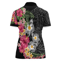 Hawaiian Tropical Flowers and Tribal Turtles Women Polo Shirt Polynesian Art Motifs Black Color - Polynesian Pride