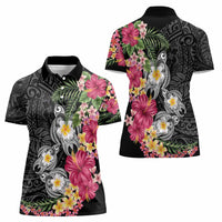 Hawaiian Tropical Flowers and Tribal Turtles Women Polo Shirt Polynesian Art Motifs Black Color - Polynesian Pride