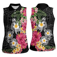 Hawaiian Tropical Flowers and Tribal Turtles Women Sleeveless Polo Shirt Polynesian Art Motifs Black Color - Polynesian Pride