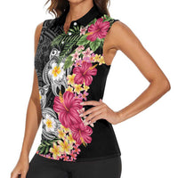 Hawaiian Tropical Flowers and Tribal Turtles Women Sleeveless Polo Shirt Polynesian Art Motifs Black Color - Polynesian Pride
