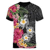 Hawaiian Tropical Flowers and Tribal Turtles Women V-Neck T-Shirt Polynesian Art Motifs Black Color - Polynesian Pride