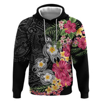 Hawaiian Tropical Flowers and Tribal Turtles Zip Hoodie Polynesian Art Motifs Black Color - Polynesian Pride