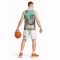 Aloha Hawaii It's 5 o'clock Somewhere Basketball Jersey Chill Parrot on Beach with Tropical Plants - Polynesian Pride