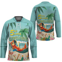 Aloha Hawaii It's 5 o'clock Somewhere Hockey Jersey Chill Parrot on Beach with Tropical Plants - Polynesian Pride
