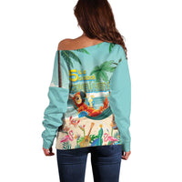 Aloha Hawaii It's 5 o'clock Somewhere Off Shoulder Sweater Chill Parrot on Beach with Tropical Plants - Polynesian Pride