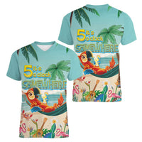 Aloha Hawaii It's 5 o'clock Somewhere Women V-Neck T-Shirt Chill Parrot on Beach with Tropical Plants - Polynesian Pride