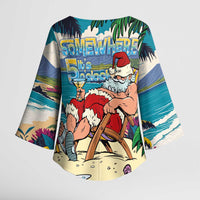 Mele Kalikimaka Hawaii It's 5 o'clock Somewhere Kimono Sleeve Blouse Funny Lazy Santa Claus Chilling with Cocktail - Polynesian Pride