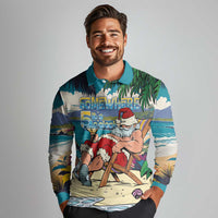 Mele Kalikimaka Hawaii It's 5 o'clock Somewhere Long Sleeve Polo Shirt Funny Lazy Santa Claus Chilling with Cocktail - Polynesian Pride