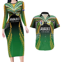 Custom Cook Islands Rugby League Couples Matching Long Sleeve Bodycon Dress and Hawaiian Shirt Avaiki Tatau Tribal Motifs Black Color - Polynesian Pride