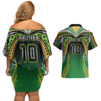 Custom Cook Islands Rugby League Couples Matching Off Shoulder Short Dress and Hawaiian Shirt Avaiki Tatau Tribal Motifs Black Color LT03 - Polynesian Pride