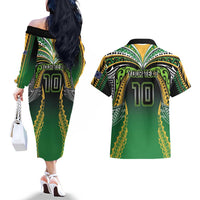 Custom Cook Islands Rugby League Couples Matching Off The Shoulder Long Sleeve Dress and Hawaiian Shirt Avaiki Tatau Tribal Motifs Black Color LT03 - Polynesian Pride