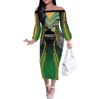 Custom Cook Islands Rugby League Family Matching Off The Shoulder Long Sleeve Dress and Hawaiian Shirt Avaiki Tatau Tribal Motifs Black Color - Polynesian Pride