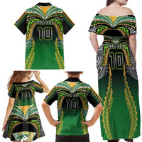 Custom Cook Islands Rugby League Family Matching Off Shoulder Maxi Dress and Hawaiian Shirt Avaiki Tatau Tribal Motifs Black Color - Polynesian Pride