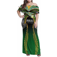 Custom Cook Islands Rugby League Family Matching Off Shoulder Maxi Dress and Hawaiian Shirt Avaiki Tatau Tribal Motifs Black Color LT03 Mom's Dress Black - Polynesian Pride