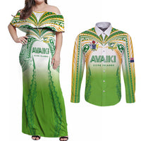 Custom Cook Islands Rugby League Couples Matching Off Shoulder Maxi Dress and Long Sleeve Button Shirt Avaiki Tatau Tribal Motifs White Color LT03 White - Polynesian Pride