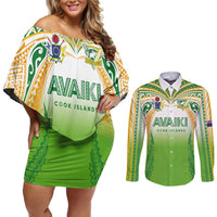Custom Cook Islands Rugby League Couples Matching Off Shoulder Short Dress and Long Sleeve Button Shirt Avaiki Tatau Tribal Motifs White Color LT03 White - Polynesian Pride