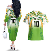 Custom Cook Islands Rugby League Couples Matching Off The Shoulder Long Sleeve Dress and Hawaiian Shirt Avaiki Tatau Tribal Motifs White Color - Polynesian Pride