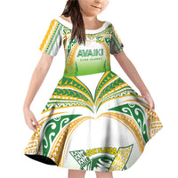 Custom Cook Islands Rugby League Family Matching Off Shoulder Short Dress and Hawaiian Shirt Avaiki Tatau Tribal Motifs White Color - Polynesian Pride