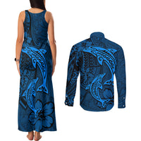 Polynesian Dolphin Valentine Day Couples Matching Tank Maxi Dress and Long Sleeve Button Shirt Hibiscus and Tribal Tattoo Blue Style LT03 - Polynesian Pride