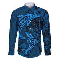 Polynesian Dolphin Valentine Day Family Matching Tank Maxi Dress and Hawaiian Shirt Hibiscus and Tribal Tattoo Blue Style LT03 Dad's Shirt - Long Sleeve Blue - Polynesian Pride