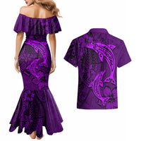 Polynesian Dolphin Valentine Day Couples Matching Mermaid Dress and Hawaiian Shirt Hibiscus and Tribal Tattoo Purple Style LT03 - Polynesian Pride