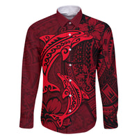 Polynesian Dolphin Valentine Day Family Matching Off Shoulder Maxi Dress and Hawaiian Shirt Hibiscus and Tribal Tattoo Red Style LT03 Dad's Shirt - Long Sleeve Red - Polynesian Pride