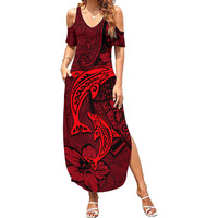 Polynesian Dolphin Valentine Day Family Matching Summer Maxi Dress and Hawaiian Shirt Hibiscus and Tribal Tattoo Red Style LT03 Mom's Dress Red - Polynesian Pride