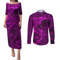 Polynesian Dolphin Valentine Day Couples Matching Puletasi and Long Sleeve Button Shirt Hibiscus and Tribal Tattoo Pink Style LT03 Pink - Polynesian Pride