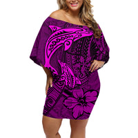 Polynesian Dolphin Valentine Day Family Matching Off Shoulder Short Dress and Hawaiian Shirt Hibiscus and Tribal Tattoo Pink Style LT03 Mom's Dress Pink - Polynesian Pride