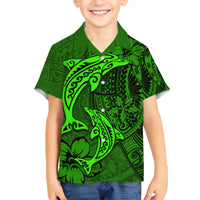 Polynesian Dolphin Valentine Day Kid Hawaiian Shirt Hibiscus and Tribal Tattoo Green Style LT03 Kid Green - Polynesian Pride