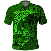 Polynesian Dolphin Valentine Day Polo Shirt Hibiscus and Tribal Tattoo Green Style LT03 Green - Polynesian Pride