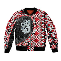 Red Taniko Motif Aotearoa Manaia and Silver Fern Bomber Jacket