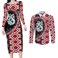 Red Taniko Motif Aotearoa Manaia and Silver Fern Couples Matching Long Sleeve Bodycon Dress and Long Sleeve Button Shirt LT03 Red - Polynesian Pride