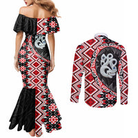 Red Taniko Motif Aotearoa Manaia and Silver Fern Couples Matching Mermaid Dress and Long Sleeve Button Shirt LT03 - Polynesian Pride