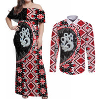Red Taniko Motif Aotearoa Manaia and Silver Fern Couples Matching Off Shoulder Maxi Dress and Long Sleeve Button Shirt LT03 Red - Polynesian Pride
