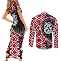 Red Taniko Motif Aotearoa Manaia and Silver Fern Couples Matching Short Sleeve Bodycon Dress and Long Sleeve Button Shirt LT03 - Polynesian Pride