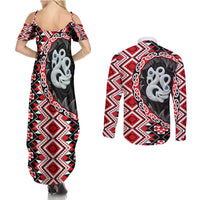 Red Taniko Motif Aotearoa Manaia and Silver Fern Couples Matching Summer Maxi Dress and Long Sleeve Button Shirt LT03 - Polynesian Pride