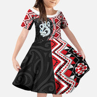 Red Taniko Motif Aotearoa Manaia and Silver Fern Family Matching Mermaid Dress and Hawaiian Shirt LT03 Daughter's Dress Red - Polynesian Pride