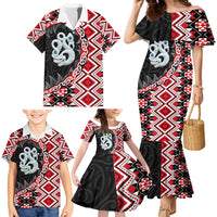 Red Taniko Motif Aotearoa Manaia and Silver Fern Family Matching Mermaid Dress and Hawaiian Shirt LT03 - Polynesian Pride