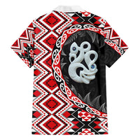 Red Taniko Motif Aotearoa Manaia and Silver Fern Family Matching Off Shoulder Short Dress and Hawaiian Shirt LT03 - Polynesian Pride