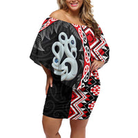 Red Taniko Motif Aotearoa Manaia and Silver Fern Family Matching Off Shoulder Short Dress and Hawaiian Shirt LT03 Mom's Dress Red - Polynesian Pride