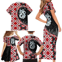 Red Taniko Motif Aotearoa Manaia and Silver Fern Family Matching Short Sleeve Bodycon Dress and Hawaiian Shirt LT03 - Polynesian Pride