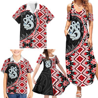 Red Taniko Motif Aotearoa Manaia and Silver Fern Family Matching Summer Maxi Dress and Hawaiian Shirt LT03 - Polynesian Pride