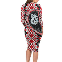 Red Taniko Motif Aotearoa Manaia and Silver Fern Long Sleeve Bodycon Dress