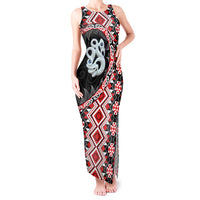 Red Taniko Motif Aotearoa Manaia and Silver Fern Tank Maxi Dress