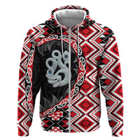 Red Taniko Motif Aotearoa Manaia and Silver Fern Zip Hoodie
